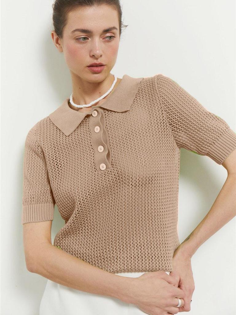 Women's 2025 Summer See-Through Short-Sleeve Knitted Top with Turn-Down Collar