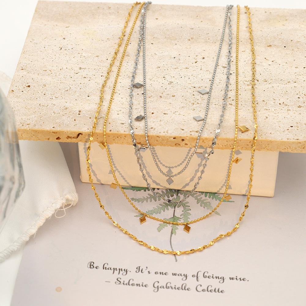 French Rhombus Sequined Double-Layer Stacked Titanium Steel Necklace Does Not Fade Niche Light Luxury Collarbone Chain Women'S High Sense