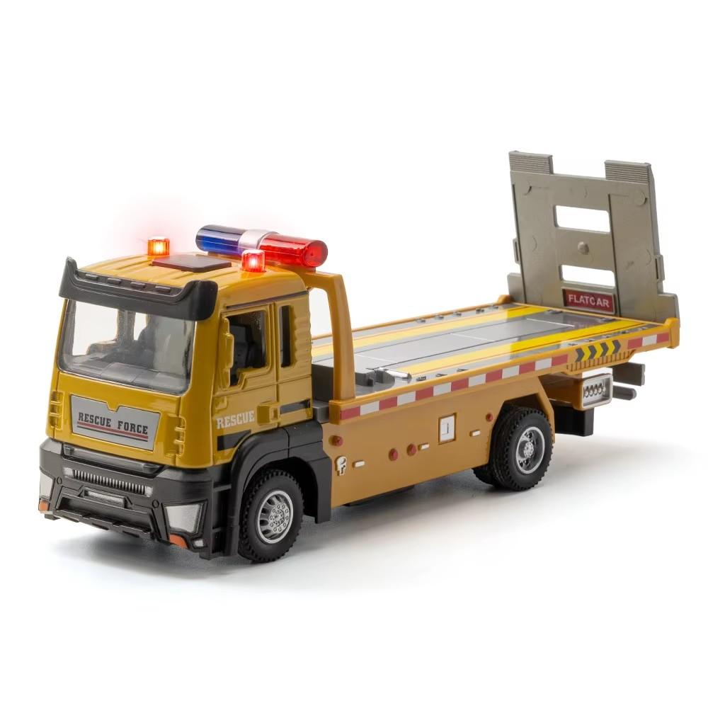 

1:32 Roadblock Transport Truck Flatbed Trailer Model Toys Diecast Alloy Car Doors Opened Sound Light Pull Back Vehice Boy s Puzz