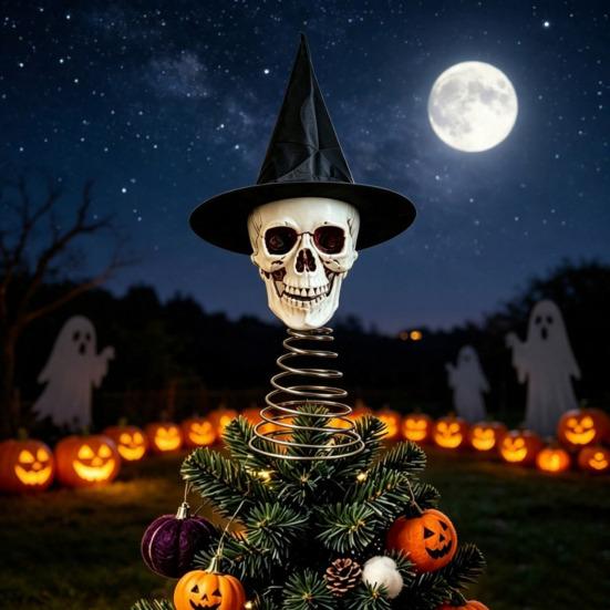 Distressed Resin Skull Topper Halloween Witch Hat Tree Topper, Gothic Skeleton Figurine for Versatile Party Decor, Spooky Festive Home Ornament, Trick