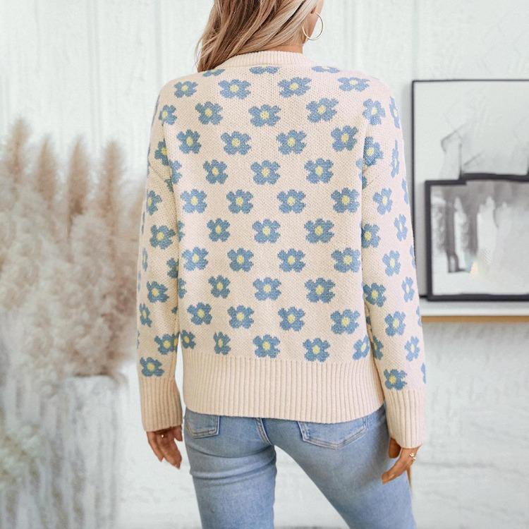 Pullover Print Vintage Long Sleeve Sweater Knitwear Loose V-Neck Top for Autumn Winter