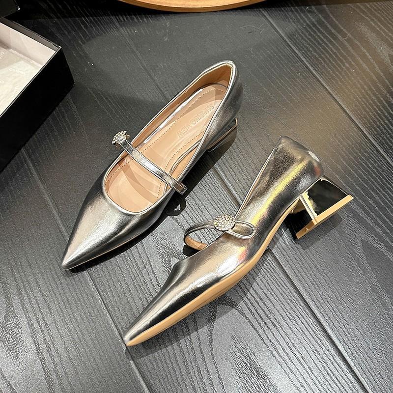 Spring pointed silver high-end single shoes medium heel Mary Jane shoes thick heel high heels