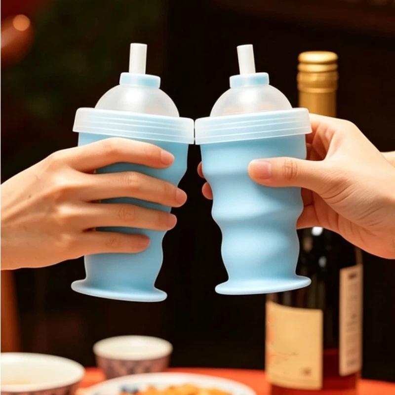 Portable Foldable Ice Ball Cup Food Grade Silicone Ice Ball Mold With Straw For Any Drink Reusable Travel Water Bottle