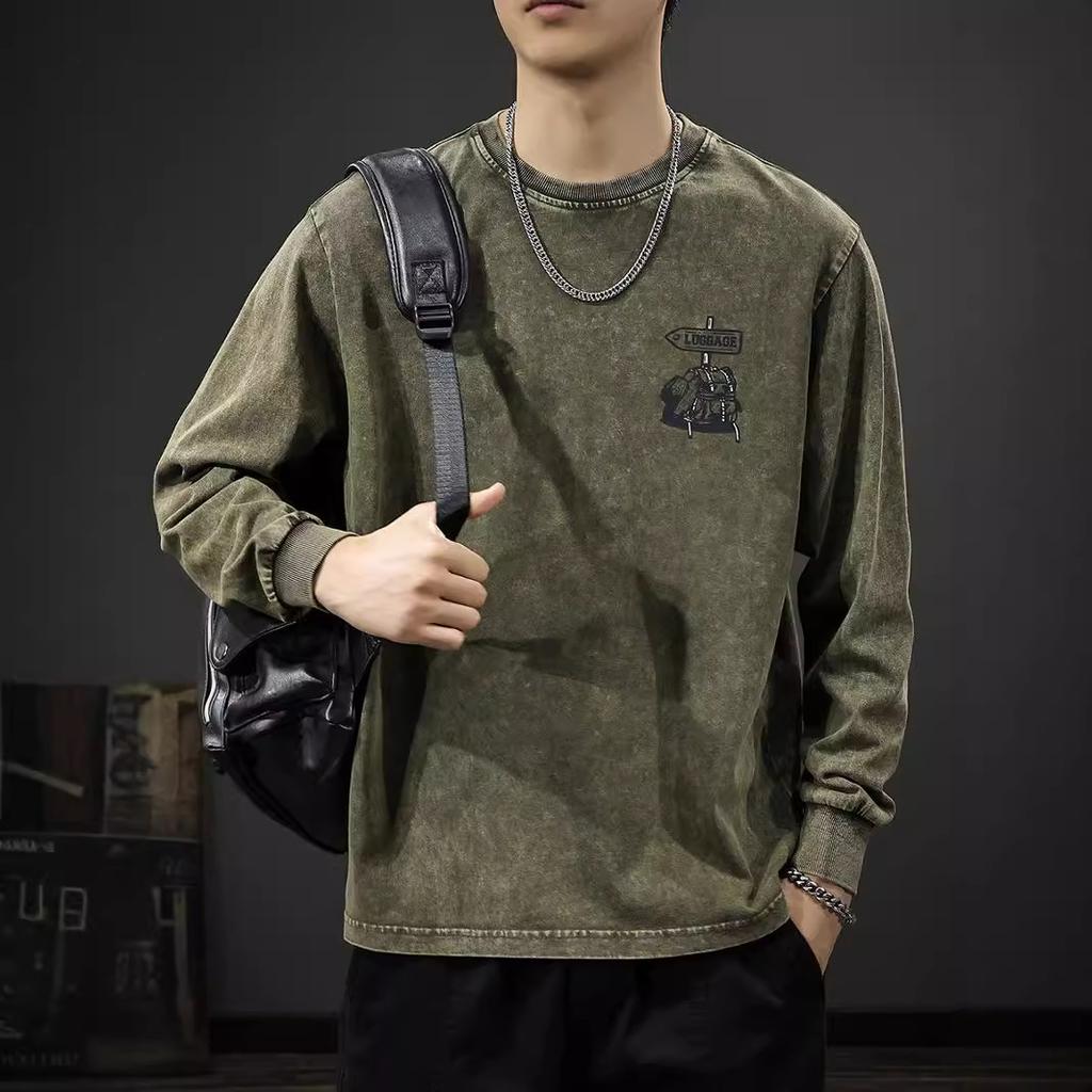 Autumn Heavy Washed Trendy Brand Printed Long-Sleeved T-Shirt Men'S American Retro Sweater Pure Cotton Loose Crew Neck Bottoming Shirt