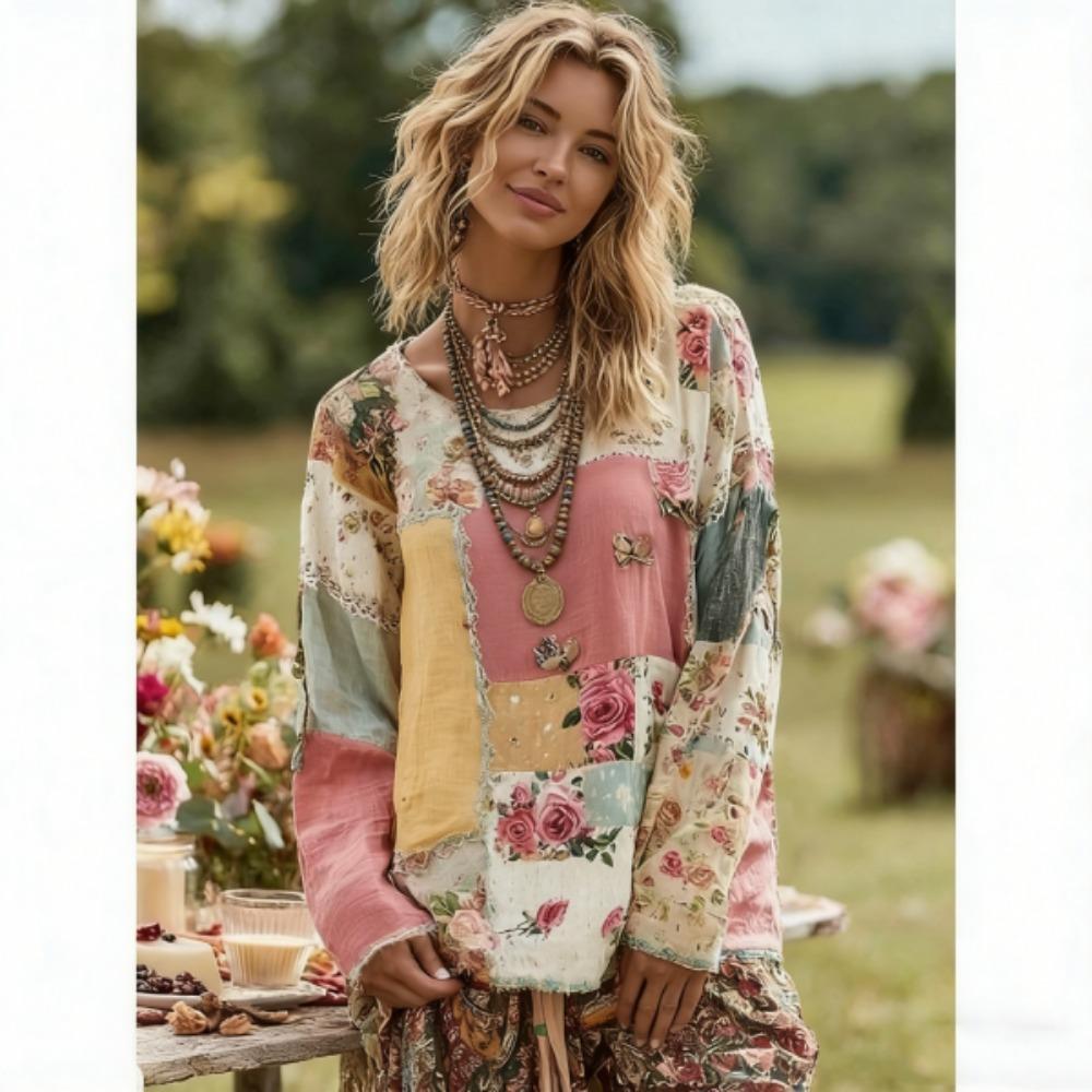 Bohemian Style Fashion Splicing Colors Women's T-shirt Pullover Europe America Women Long Sleeve Clothing Outdoor Casual Tees Top