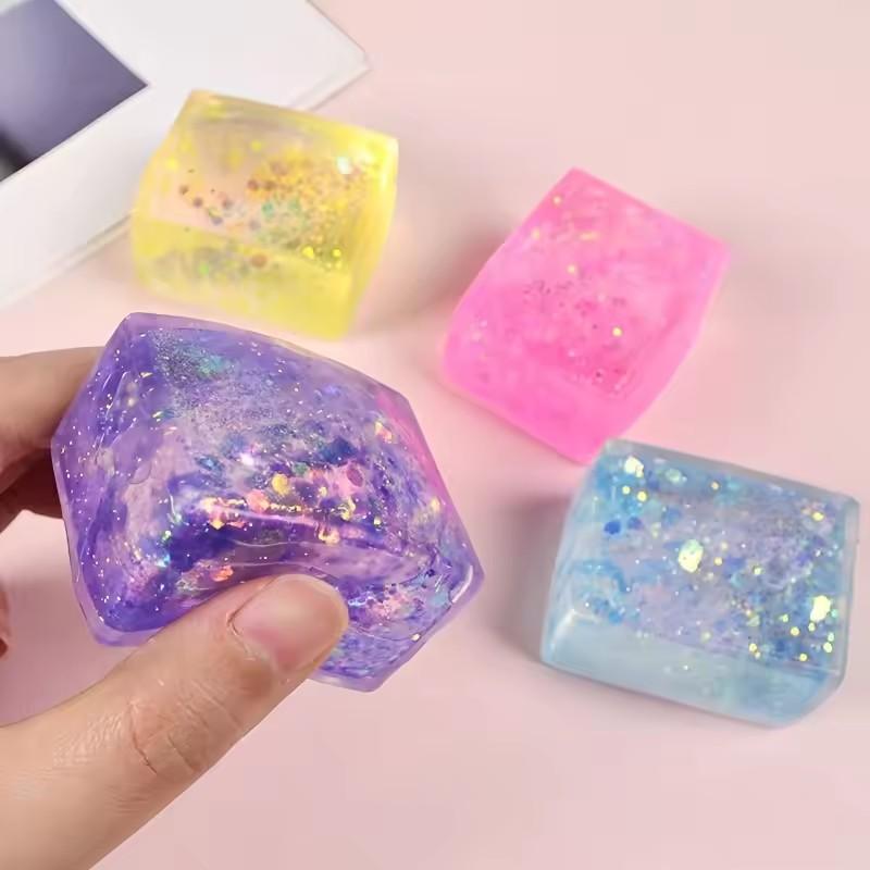 Glitter Ice Cube Squishy Toy, Malt Sugar Gel Slow Rise Stress Relief Cube for Anxiety