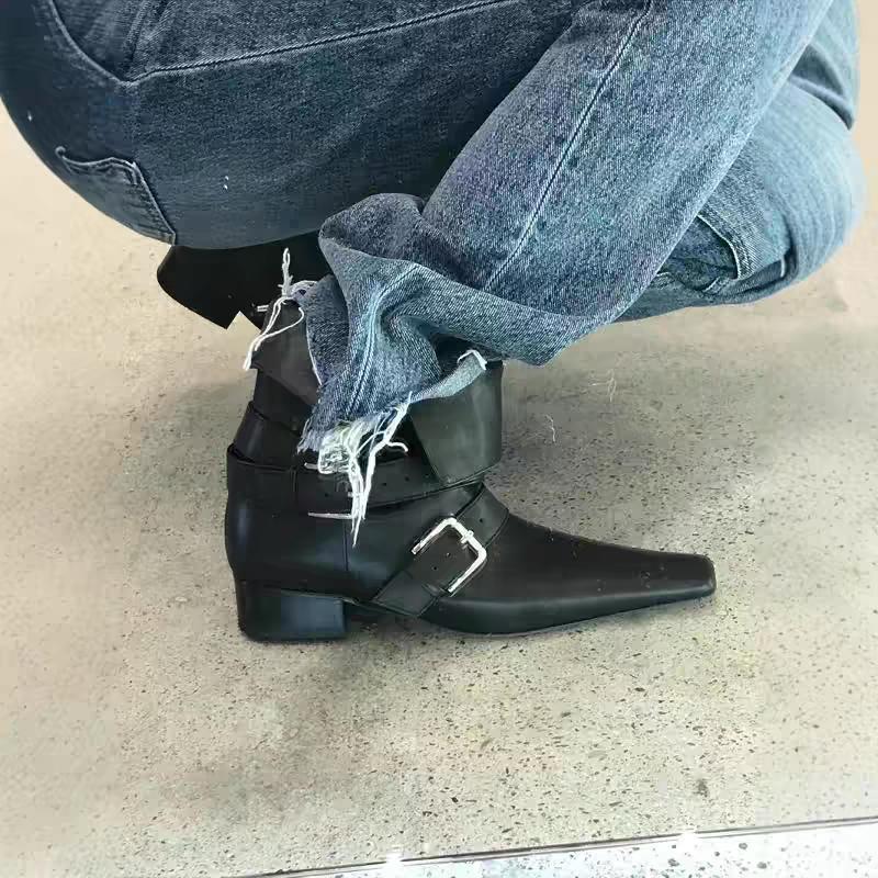 Designer Square Toes Metal Buckle Strap Short Boots For Female Women Thin High Heel New Leather Fabric Elegant Sexy Winter Shoes