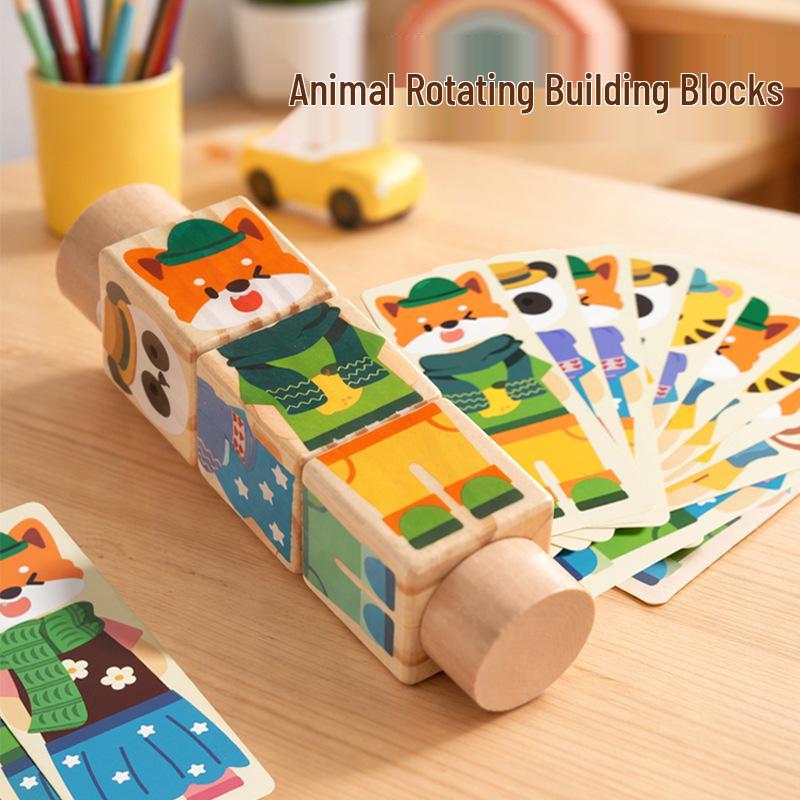 Children s Wooden Rotating Animal Puzzle Blocks – 3D Educational Toy for Early Learning