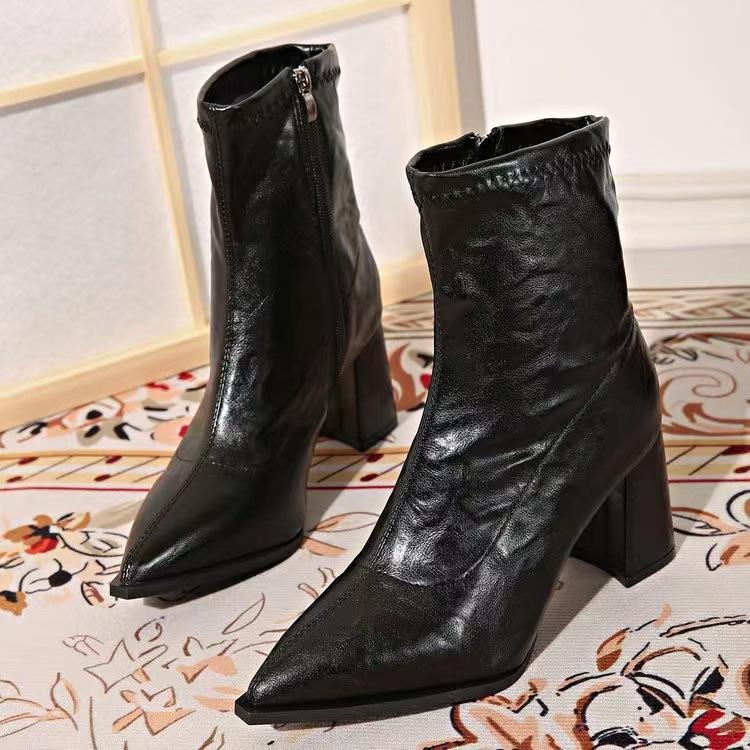 Women's high-heeled boots autumn and winter new French thick-heeled pointed thin boots simple modern glossy short boots
