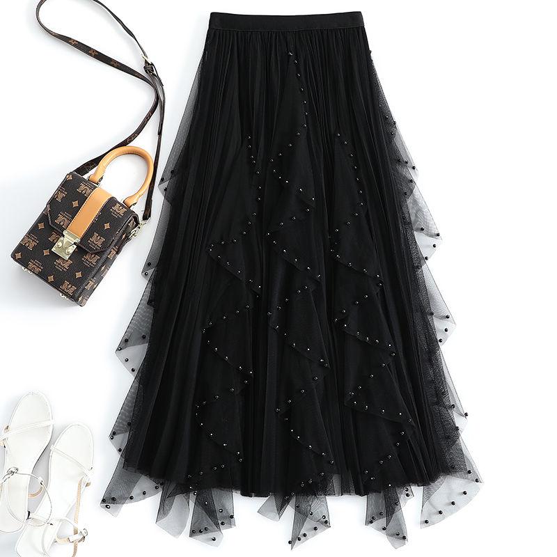 Spódnica midi z siateczki z gazy i koralików wiosenno-letniej sukience w kształcie litery A, o nieregularnym kroju, z wysokim stanem