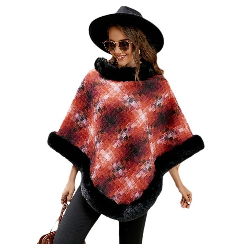 Autumn and Winter Women's Sweater Round Neck Pullover Cloak Women's Plaid Thickened Warm Women's Shawl Top