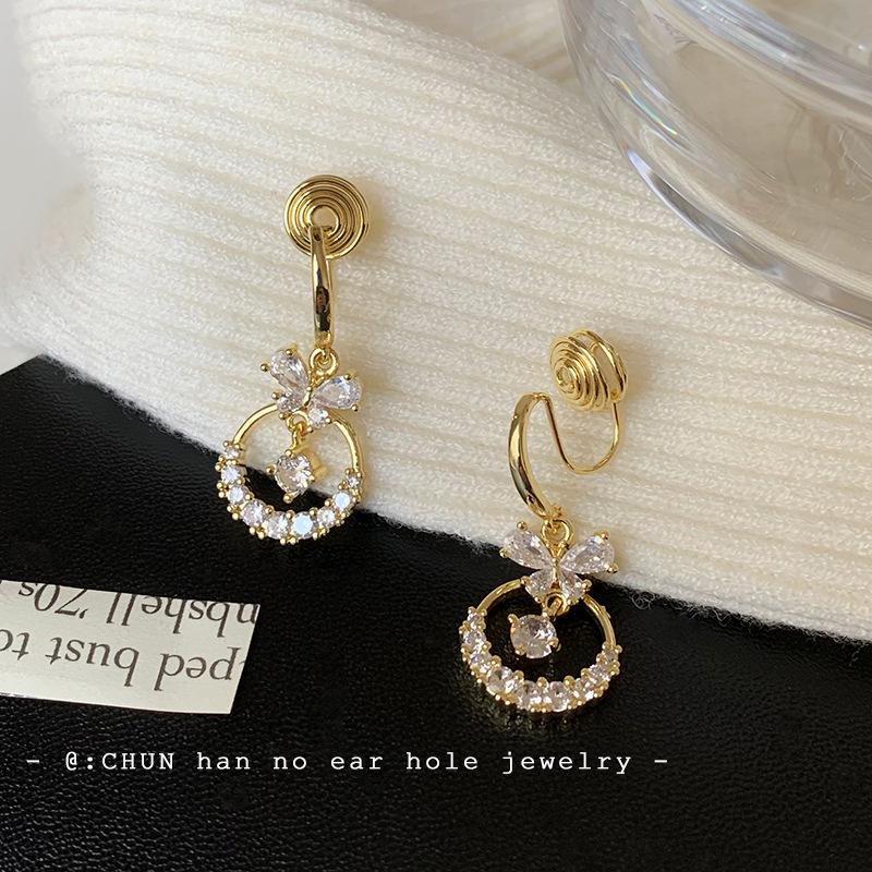 Butterfly zircon circle earrings, long temperament versatile ring earrings, high-end ear clips, no pierced earrings.