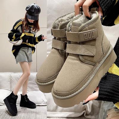 Hiver Extérieur Femmes Bottines de Neige Cheville Dames Chaussures Chaudes en Peluche Classique Ultra Plateforme Vache Daim Fourrure Crochet et Boucle Bottines Plates