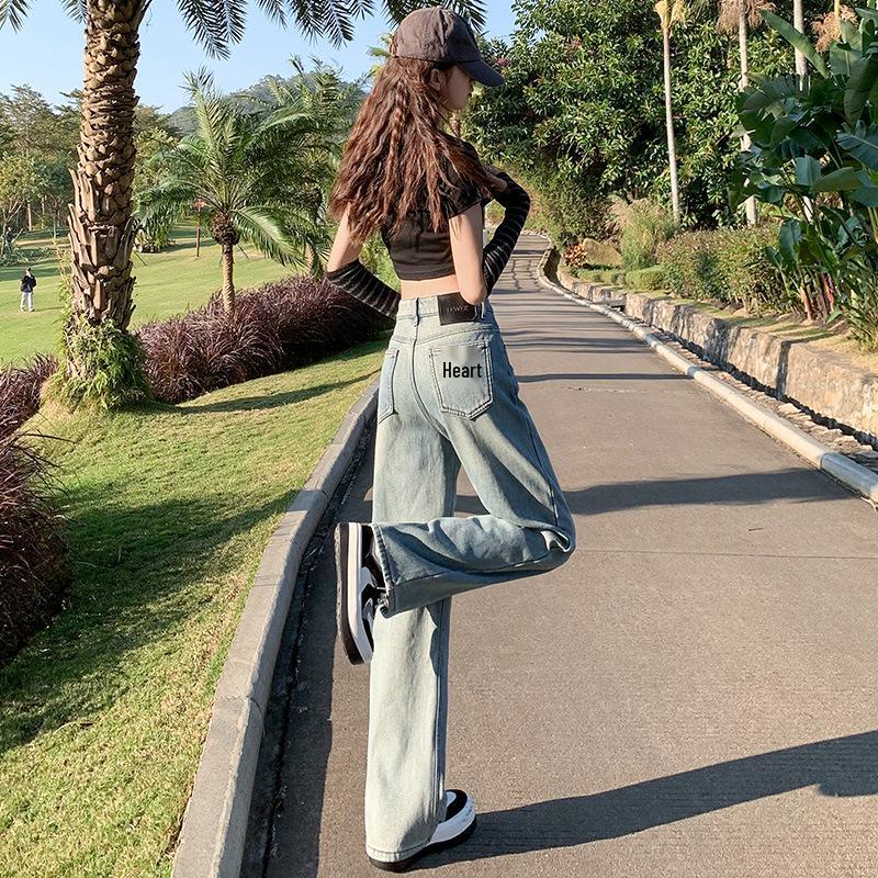 

Женские джинсы светлого цвета с высокой посадкой, вышивкой и широкими штанинами - Весна 2025, стройнящий свободный крой Double Extra Large