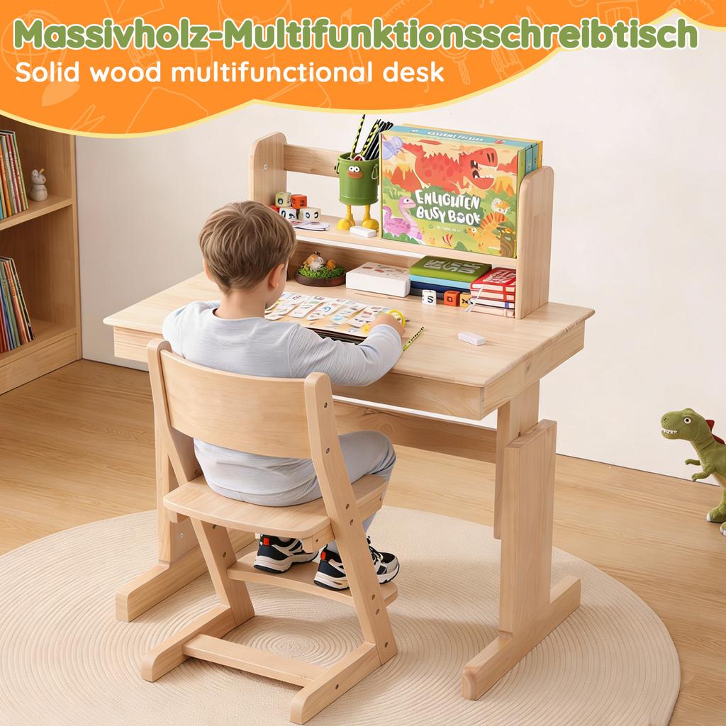 Children's table, height-adjustable solid wood multifunctional desk, foldable tabletop, book stand, safety certified, for children aged 6 and up