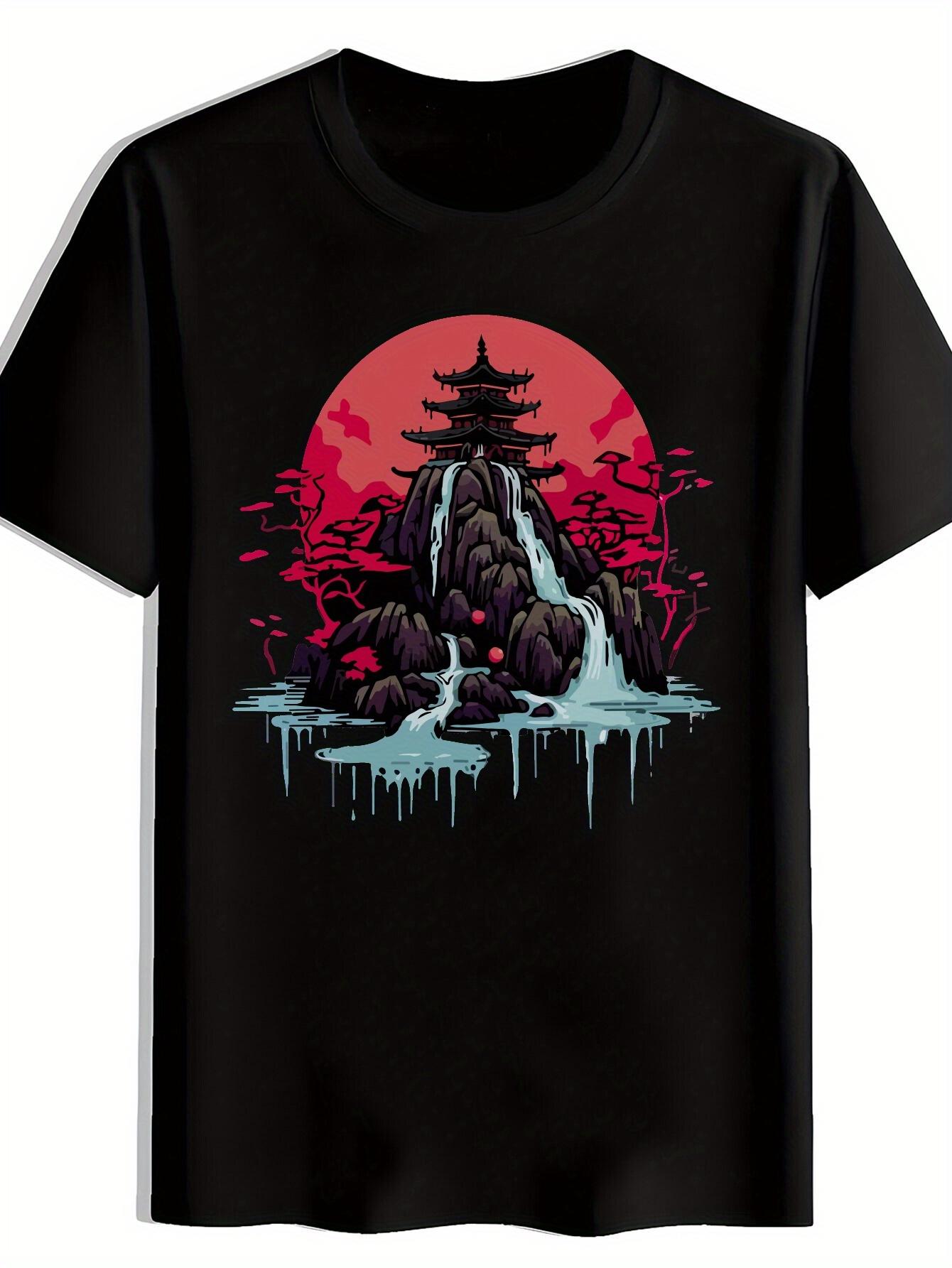 

Japanese Graphic Print T-shirt - Black with Red Pagoda & Waterfall Design - Lightweight Breathable Polyester Tee for Summer M