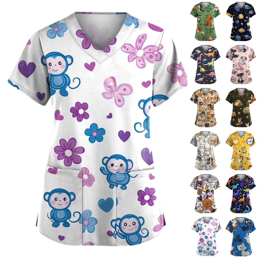 Women's Fashion Short Sleeve Cute Animal Printed V-Neck Pocket Workwear Tops