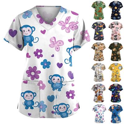 Women's Fashion Short Sleeve Cute Animal Printed V-Neck Pocket Workwear Tops