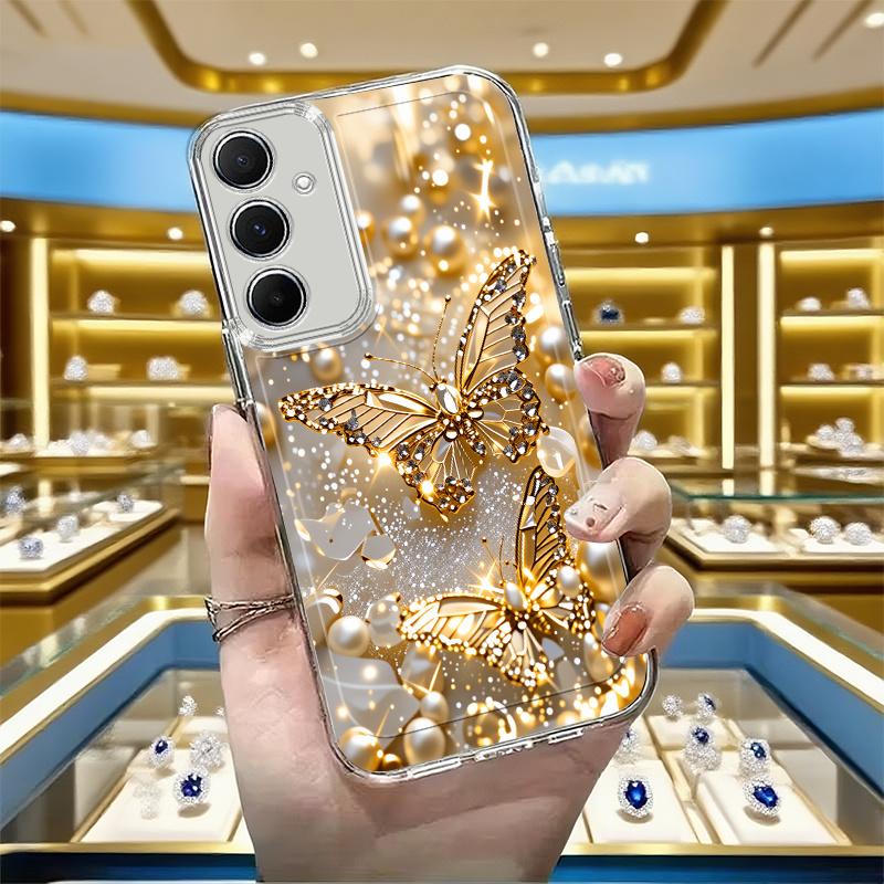 Goldener Schmetterling Diamantmuster Handyhülle für Samsung Galaxy S26 S25 S24 S23 S22 S21 S20 fe/plus/Ultra Anti-Drop Transparent