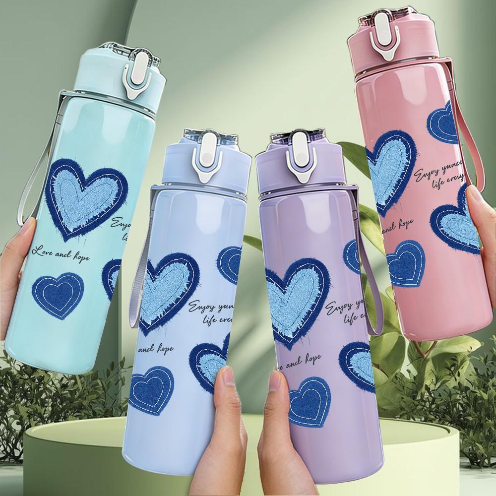 1PC Stacked Blue Pastel Heart Print 750ml Color Plastic Sports Water Bottle Leakproof Flip Straw Lid Suitable for Sports Office Home Use
