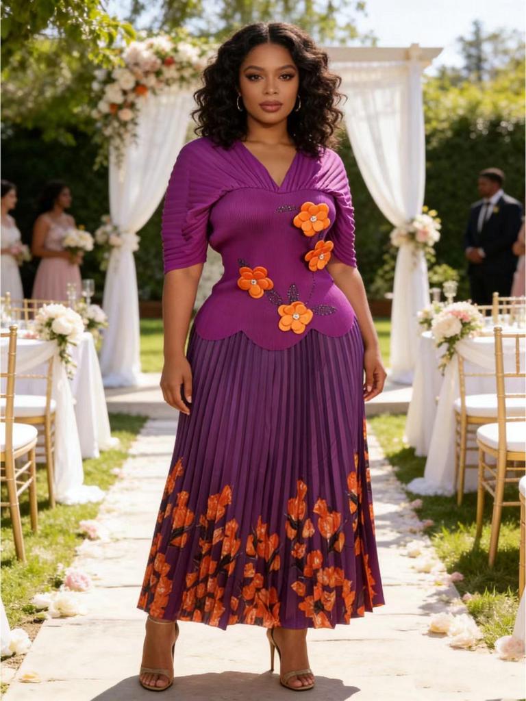 Miyake Pleats Elegant Plus Size Set with Bubble Sleeves and Rhinestone Floral Design