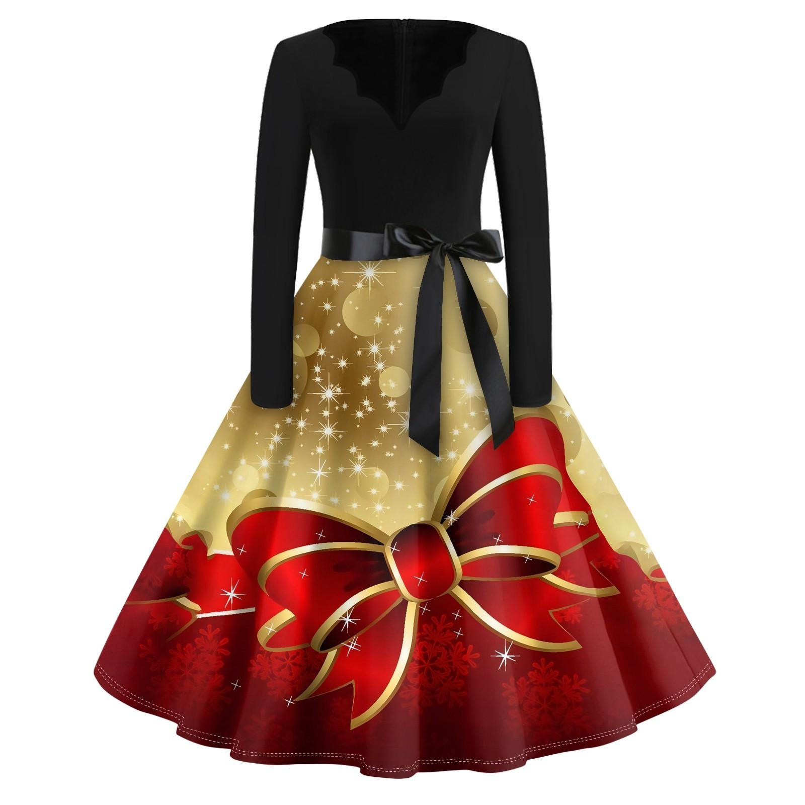 

Женское повседневное модное длинное платье с V-образным вырезом и длинным рукавом с рождественским принтом в винтажном стиле XL красный