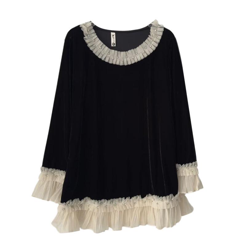 Höst 2025 Plus Size Spetslappverk Volangdetalj Pullover