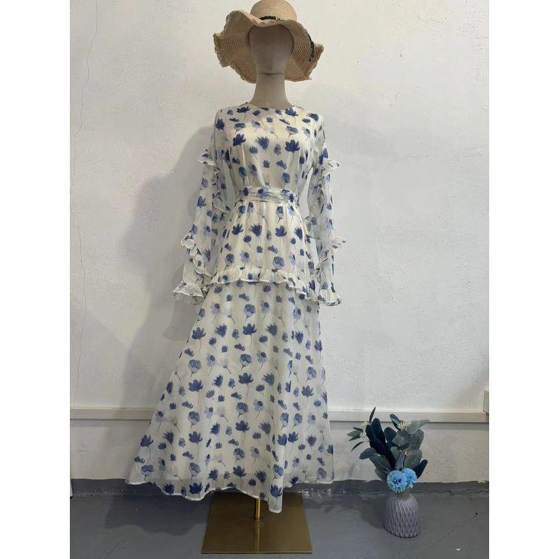 

Европейское и американское новое цветочное длинное платье с круглым вырезом, длинными рукавами и оборками, платье с круглым вырезом, платье с принтом Color S