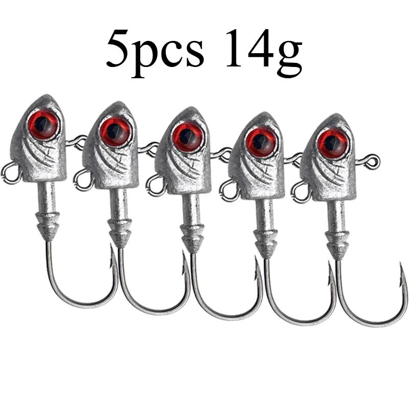 

5 шт. рыболовных крючков в форме джиг-головки, крючок в форме рыбы, металлическая рыболовная приманка, мягкий червь, крючок с зазубринами, 3D-глаза, ловля карпа, 5/7/10/14/20 г 14g серебряный