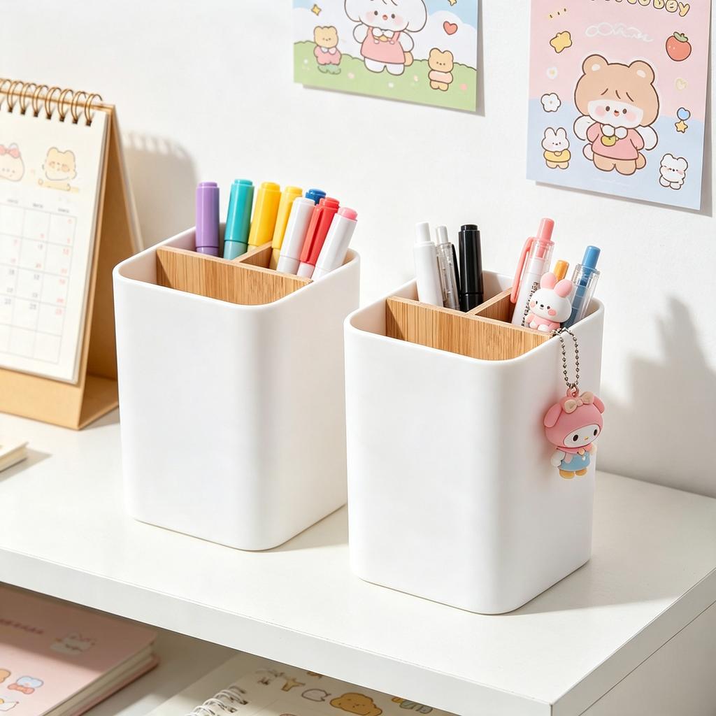 1Grid Bamboo Partition Storage Box Desktop Partition Pen Makeup Brush Holder Bathroom Toothbrush Rack Office Stationery Sort Box