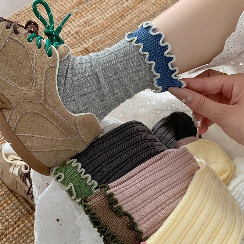 Contrasting Color Fungus Edge Socks Women'S Style Retro Sweet Color Matching Double-Layer Luo Kou Pure Cotton Crimped Medium Tube Socks
