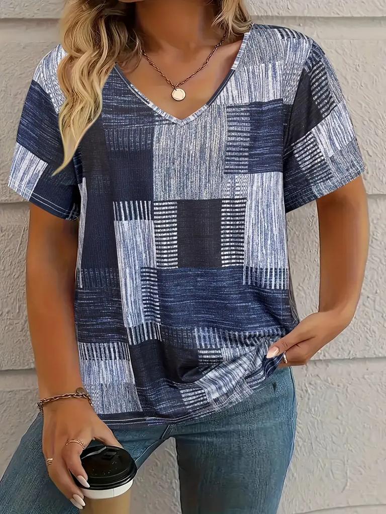 Sommer Kariertes Damen V-Ausschnitt T-Shirt Outdoor Lässig Kurzarm Tops Kariert Bedruckt Trendy Peplum Übergröße Damenbekleidung