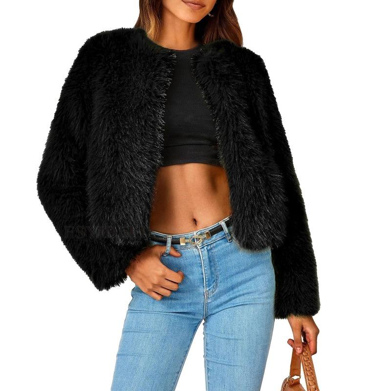 Women's Faux Fur Cropped Jacket Soft Fluffy Open Front Coat Warm Winter Outerwear