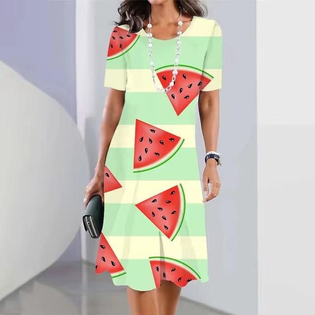 Elegantes Damen-Sommerkleid mit 3D-Geometrie-Streifenmuster, kurzärmelig