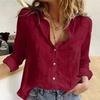 Women Breathable Soft Blouses Cotton Long Sleeve Shirt Solid Color Turn Down Collar Button Up Loose Tops