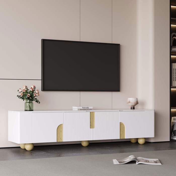 Meuble TV bas 180 x 40 x 44 cm avec 4 portes et pieds en bois sphérique, meuble TV avec aspect marbre en MDF - Blanc