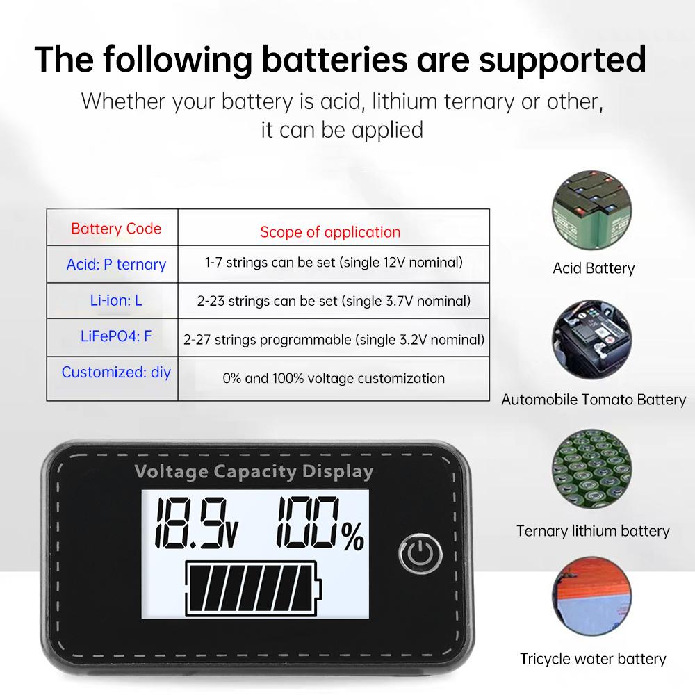 LCD Digital Voltmeter Car Battery Power Indicator DC 5-100V Li-Ion/Li-Fe/Battery Universal Vehicle Voltmeter Power Tester