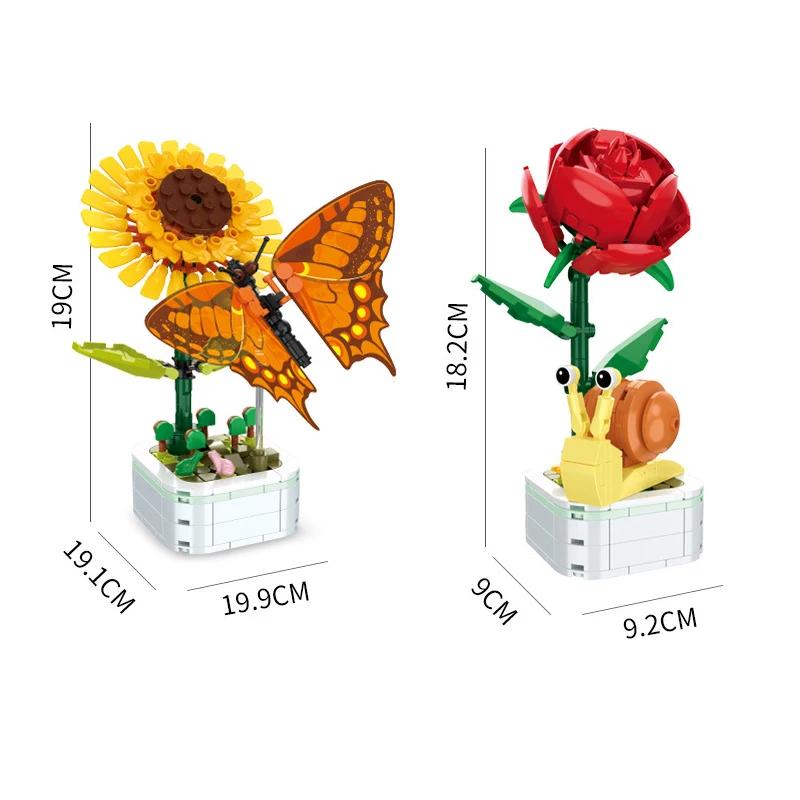 Butterfly Insect Potted Plant Bonsai Flower Block Rose Decoration DIY Mini Building Block Figure Plastic Toy Gift Kids Girls