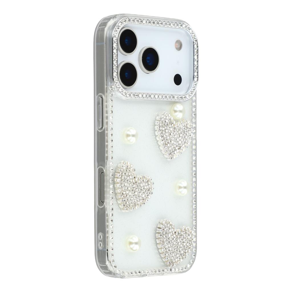 For iPhone 17 Pro Case Rhinestone Edge Pearl Love Decor TPU+PC IMD Phone Cover