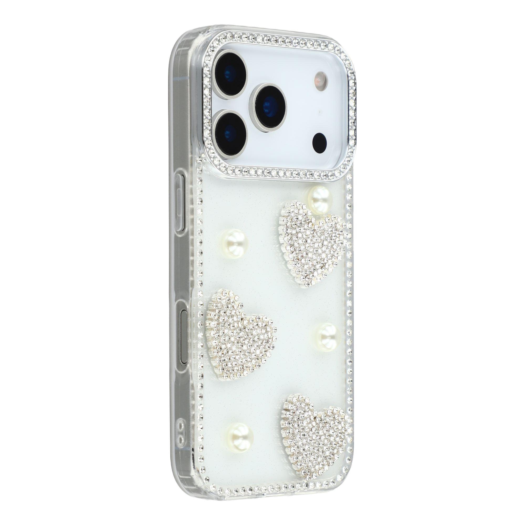 

For iPhone 17 Pro Max Case Rhinestone Edge Pearl Love Decor TPU + PC IMD Phone Cover