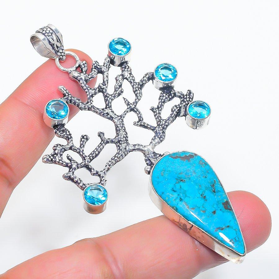 

Natural Tibetan Turquoise, Topaz 925 Sterling Silver Jewelry Pendant 3.27 w5A34