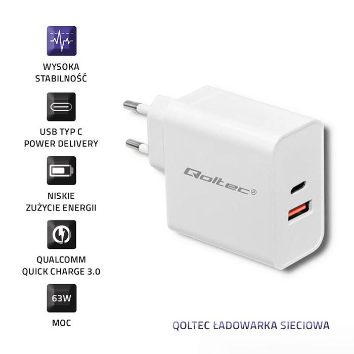 Qoltec Wall Charger 18W | 5-12V | 1.5-3A | USB Type C PD | USB QC 3.0 | Black