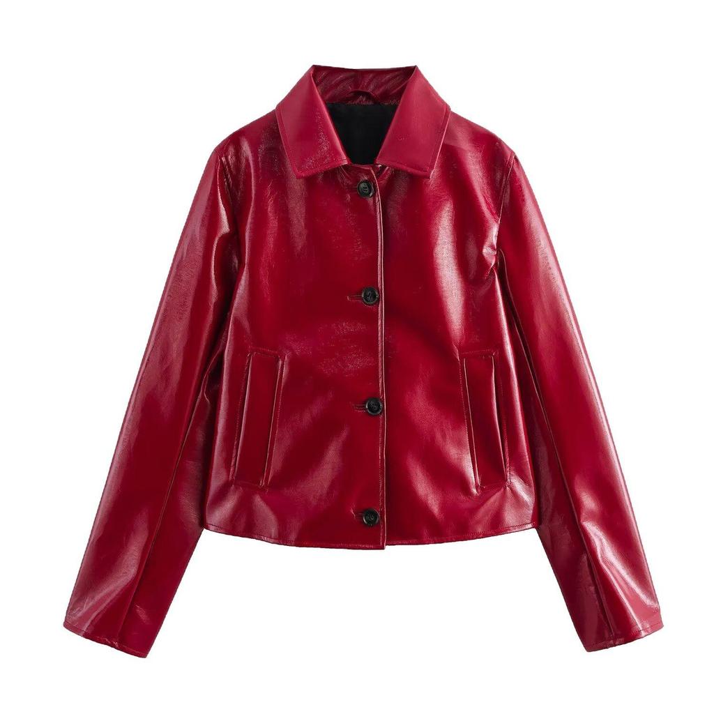 2025 Spring Women's Red Glossy Leather Lapel Jacket – European & American Style