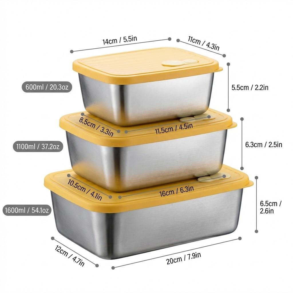 Stackable Fruit,Vegetable,Meat Food Container Durable Sealed 304 Stainless Steel Fresh-keeping Box Refrigerator&Microwave Safe
