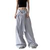 INS Lazy Style Striped Layered Wide-Leg Tie-Up High Waist Casual Floor-Length Pants