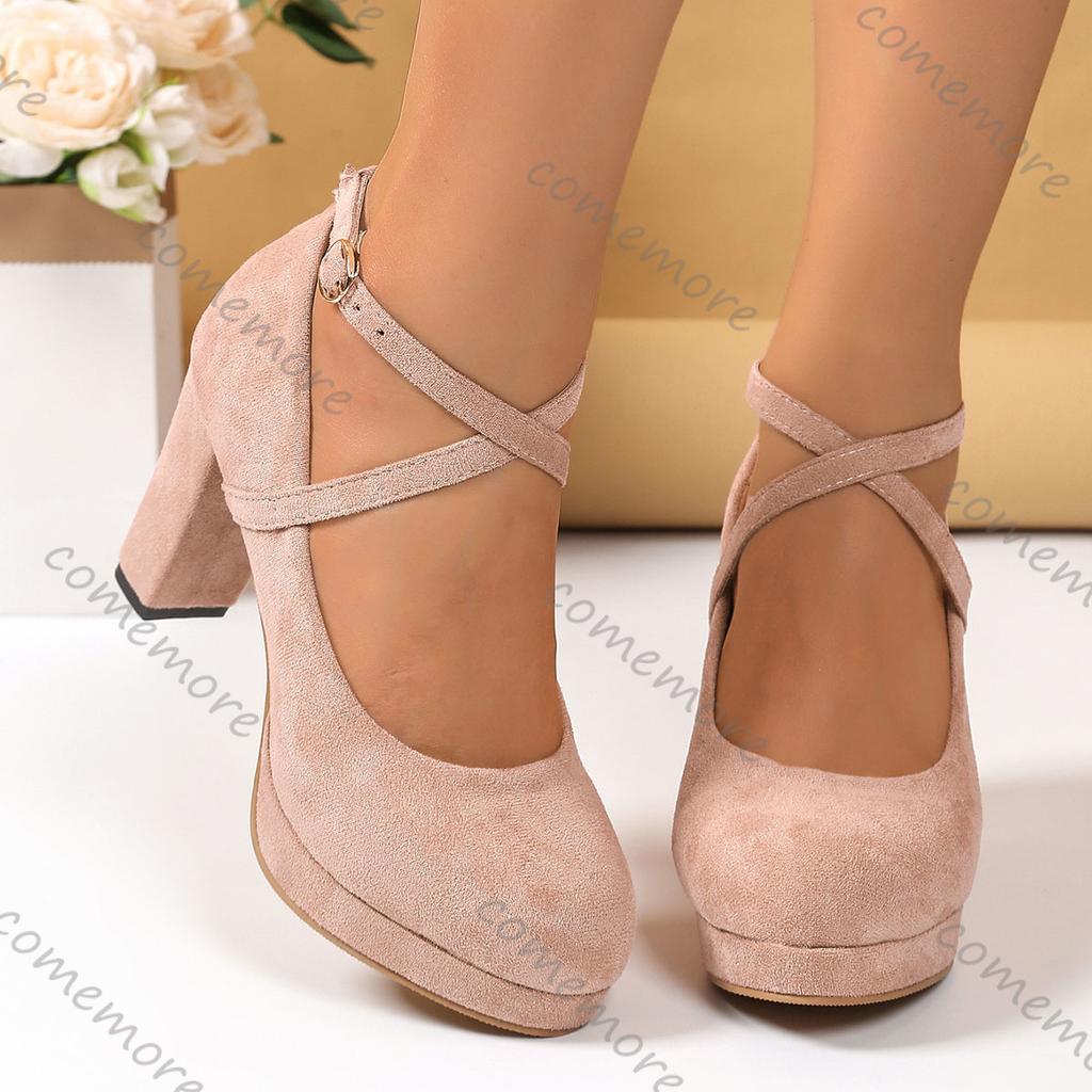 Fashion Comemore 2025 New Chunky High Heels Women's Shoes Fashion Suede Cross Strap Elegant Woman Heels Platform Solid Party Dress Pumps