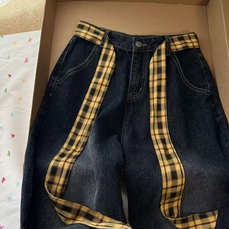

Женские желтые клетчатые джинсы пэчворк летние с высокой талией персонализированные уличный стиль брюки свободные на шнуровке универсальные брюки XXL
