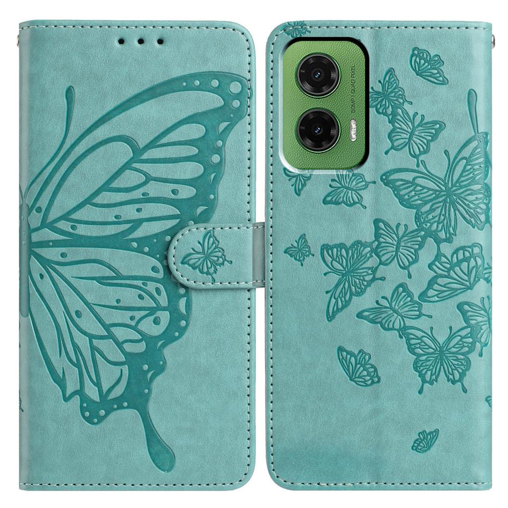 Für Motorola Moto G35 5G Hülle Schmetterling geprägt Brieftasche Ständer PU Leder Klapphandyhülle mit Riemen