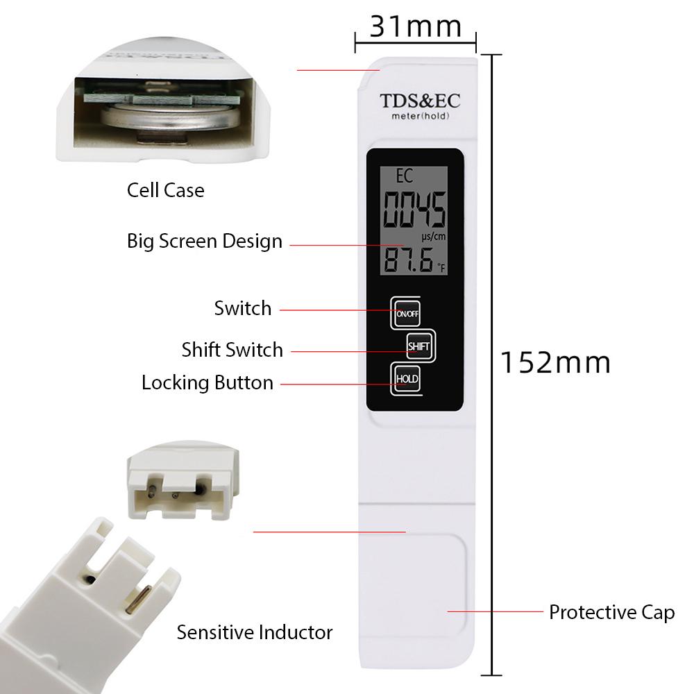 3 In 1 Water Quality Tester Digital Meter Water Quality Analyzer Detector TDS EC Temperature 5Mins Auto Shut Down
