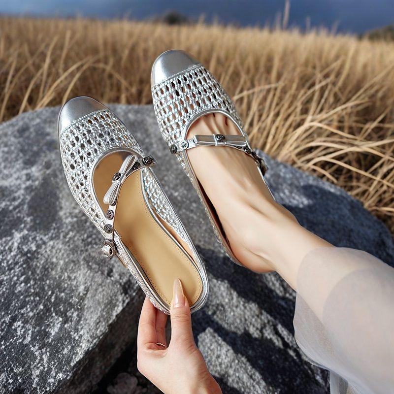 

2025 Модная Плетёная Летняя Женская Обувь Сандалии Балетки Каблуки Микрофибра Шлёпанцы Мэри Джейн Вечеринка Туфли Платье Размер 35-40 35 серебряный